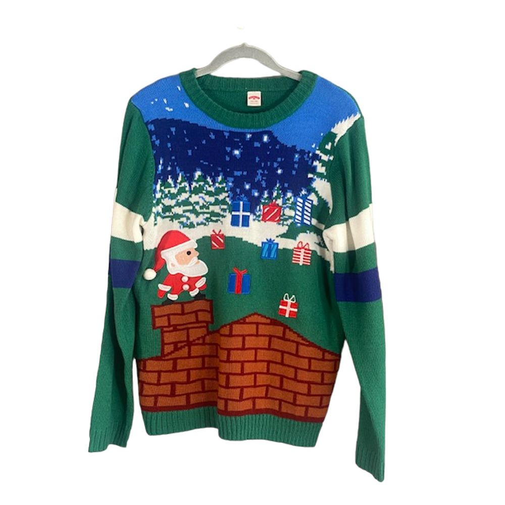 Holiday Time Green Multicolor Christmas Santa Ugly Knit Sweater Women Sz XXL